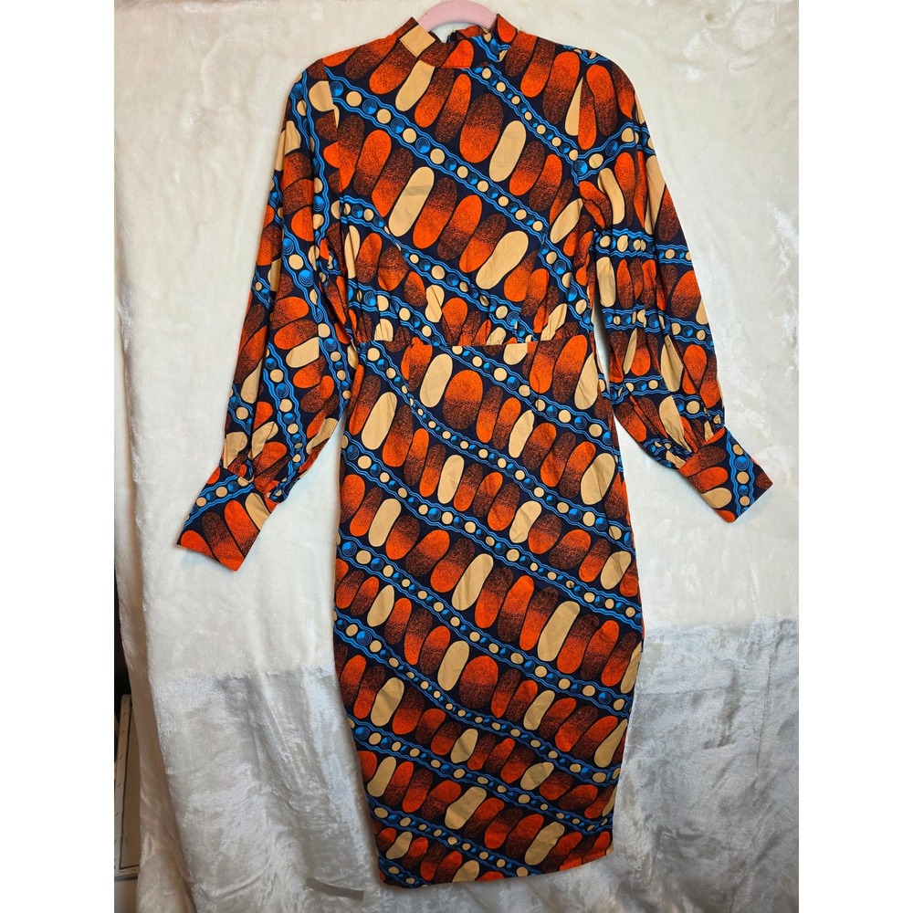 OFUURE African‎ Print Midi Dress Orange Blue Balloon Sleeve Mock Neck Small